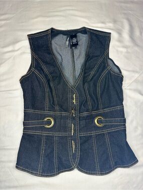 Bisou Bisou Dark Blue Denim Vest with Gold Stitching